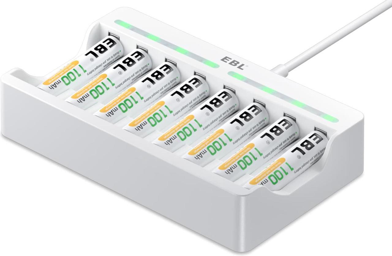 Main image of EBL 8 Counts 1100mAh Rechargeable AAA Batteries and 8 Slot AA AAA Independent Rechargeable Battery Charger with 5V 2A USB Fast Charging Function