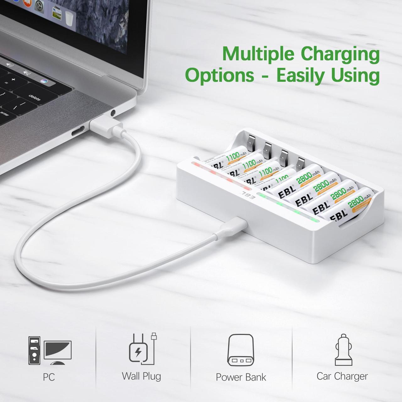 Alt view image 5 of 7 - EBL 8 Counts 1100mAh Rechargeable AAA Batteries and 8 Slot AA AAA Independent Rechargeable Battery Charger with 5V 2A USB Fast Charging Function