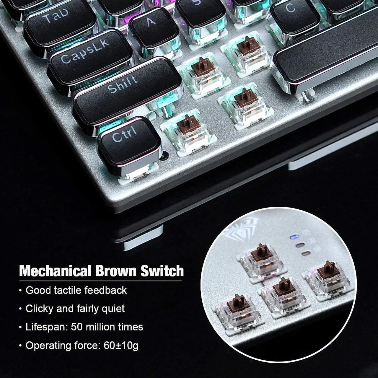 Alt view image 4 of 7 - Retro Gaming Keyboard Steampunk Mechanical USB Keyboard Lychee 108 Anti-gosting Vintage Typewriting Keycaps with RGB Backlit Detachable Wrist Rest and Brown Switch