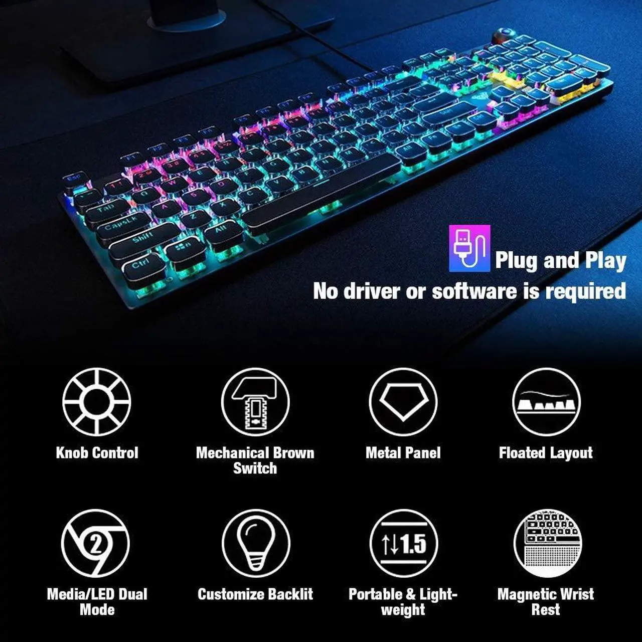 Alt view image 6 of 7 - Retro Gaming Keyboard Steampunk Mechanical USB Keyboard Lychee 108 Anti-gosting Vintage Typewriting Keycaps with RGB Backlit Detachable Wrist Rest and Brown Switch