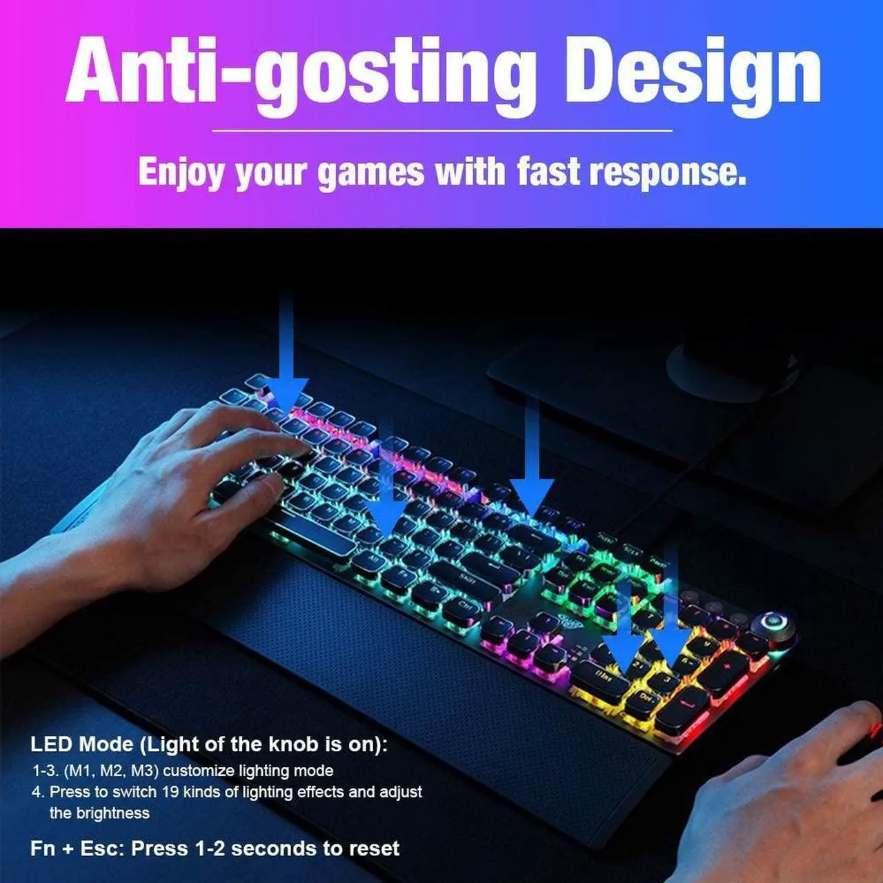 Alt view image 5 of 7 - Retro Gaming Keyboard Steampunk Mechanical USB Keyboard Lychee 108 Anti-gosting Vintage Typewriting Keycaps with RGB Backlit Detachable Wrist Rest and Brown Switch