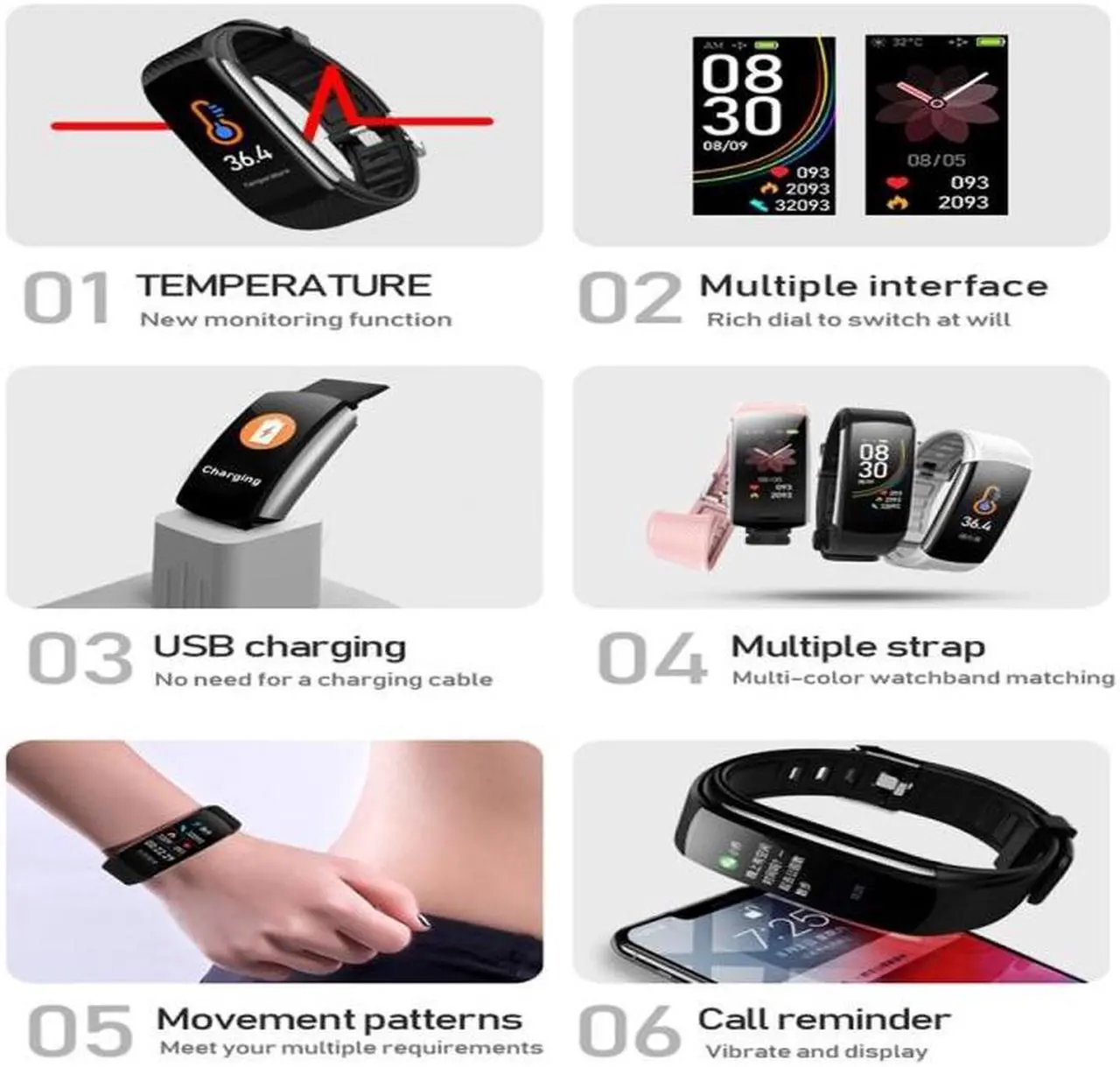 Alt view image 2 of 7 - C6T 0.96inch Color Screen Smart Watch IP67 Waterproof,Support Temperature Monitoring/Heart Rate Monitoring/Blood Pressure Monitoring/Sleep Monitoring (White)