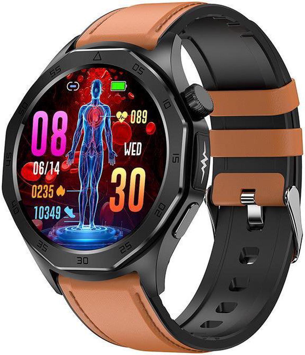 Main image of Et480 Ecg Bluetooth Call Body Fat Blood Pressure Blood Glucose Heart Rate Blood Pressure Women's Health Multi-Sport Smart Watch (Brown Leather)