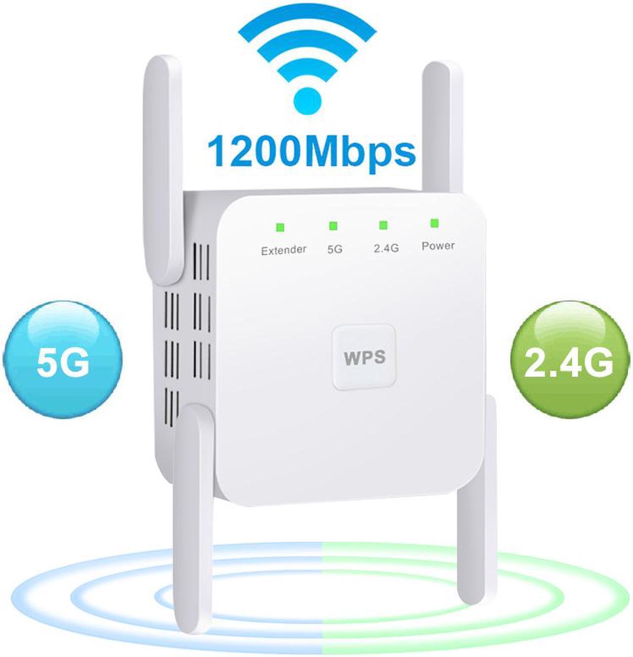 AC1200 Dual Band WiFi Range Extender, Wi-Fi Repeater / Access Point / Router / Media Bridge with 4 High Gain External Antenna 1200Mmbps Wifi Booster, 802.11AC, WPS Easy Set Up, WPA, WPA2, Wall Plug