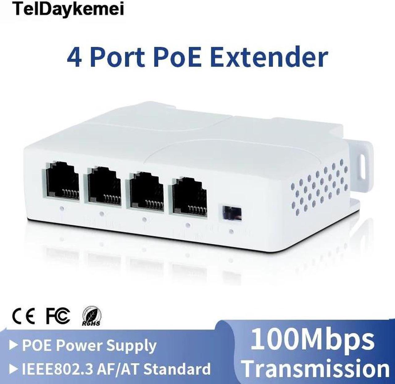 TelDaykemei  4 Port POE Extender 10/100Mbps 1 to 3 Network Switch Repeater with IEEE802.3af Plug&Play for PoE Switch NVR IP Camera AP