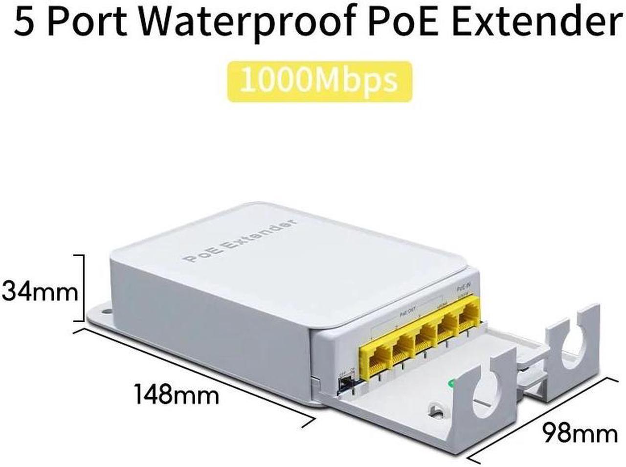 TelDaykemei 5 Port Waterproof POE Extender 4 Port Repeater 1000Mbps Outdoor Network IP55 VLAN 44-57V for POE Camera Wierless AP