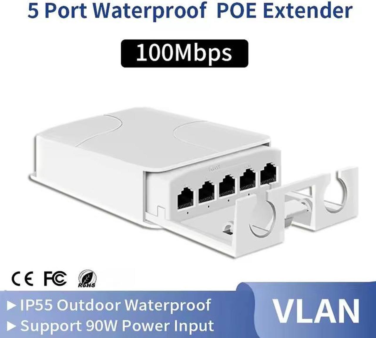 TelDaykemei 5 Port Waterproof POE Extender 4 Port Repeater 100Mbps Outdoor Network IP55 VLAN 44-57V for POE Camera Wierless AP