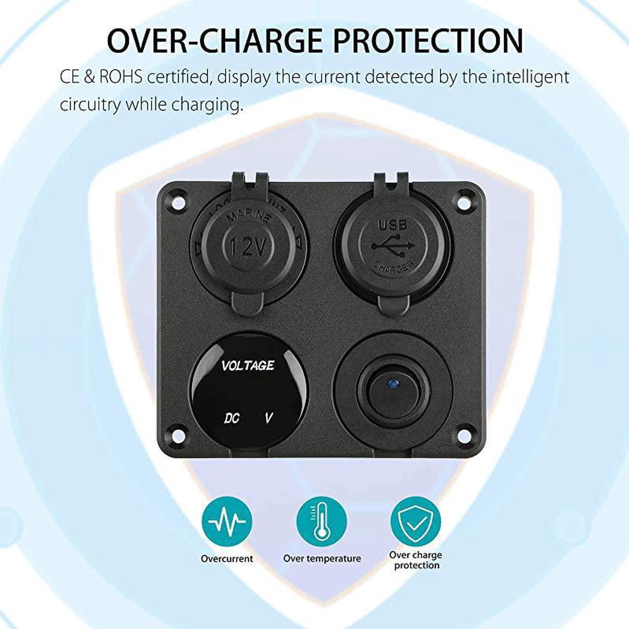 Alt view image 4 of 7 - 4 in 1 Charger Socket Panel 12V 42A Dual USB Charger Socket Power Outlet LED Voltmeter Cigarette Lighter Socket LED Lighted ON Off Rocker Toggle Switch for Car Marine Boat RV Truck
