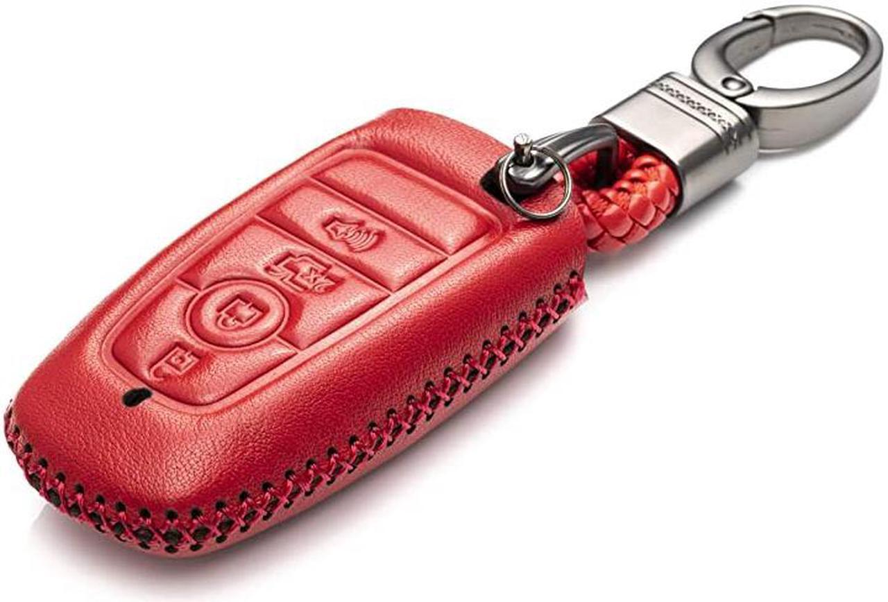 Alt view image 2 of 5 - Genuine Leather Smart Key Fob Case Compatible for 2019-2021 Ford Fusion, Explorer, Escape, Edge, F-150, Mustang and More Models (4-Button, Red)
