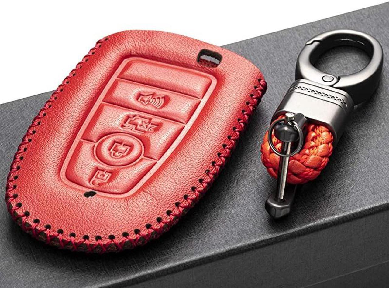 Alt view image 4 of 5 - Genuine Leather Smart Key Fob Case Compatible for 2019-2021 Ford Fusion, Explorer, Escape, Edge, F-150, Mustang and More Models (4-Button, Red)