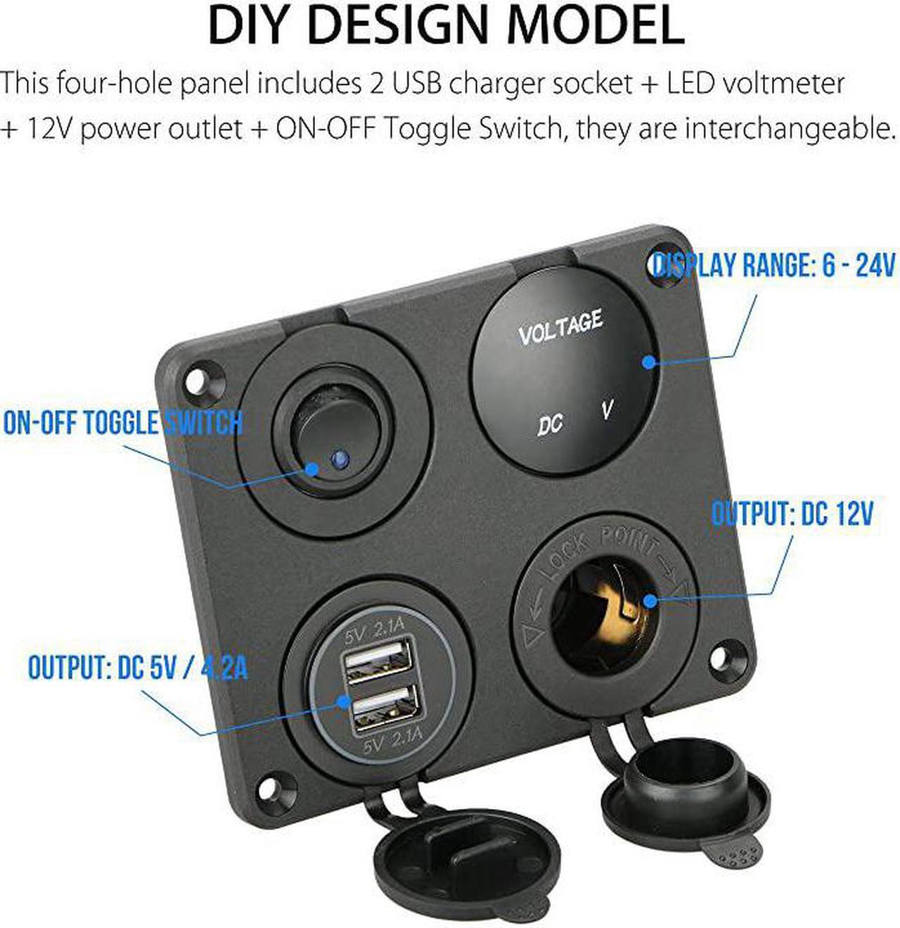 Alt view image 3 of 7 - 4 in 1 Charger Socket Panel 12V 42A Dual USB Charger Socket Power Outlet LED Voltmeter Cigarette Lighter Socket LED Lighted ON Off Rocker Toggle Switch for Car Marine Boat RV Truck