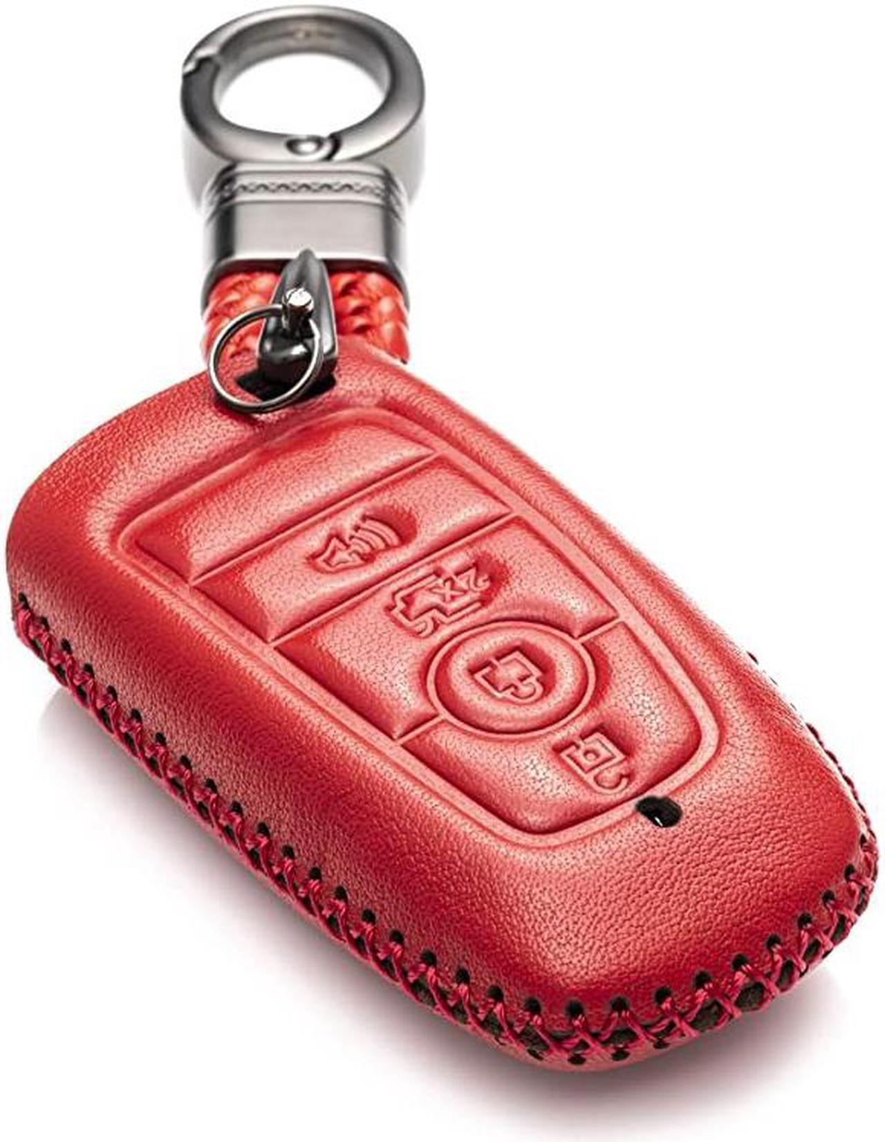 Main image of Genuine Leather Smart Key Fob Case Compatible for 2019-2021 Ford Fusion, Explorer, Escape, Edge, F-150, Mustang and More Models (4-Button, Red)