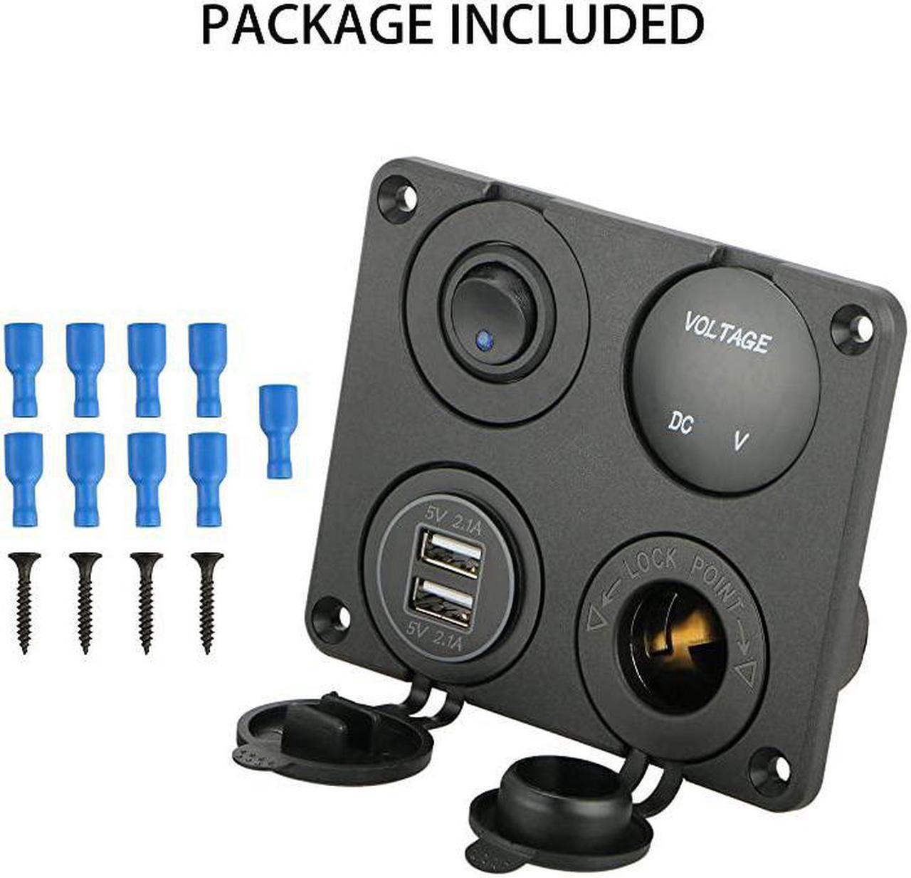 Alt view image 7 of 7 - 4 in 1 Charger Socket Panel 12V 42A Dual USB Charger Socket Power Outlet LED Voltmeter Cigarette Lighter Socket LED Lighted ON Off Rocker Toggle Switch for Car Marine Boat RV Truck