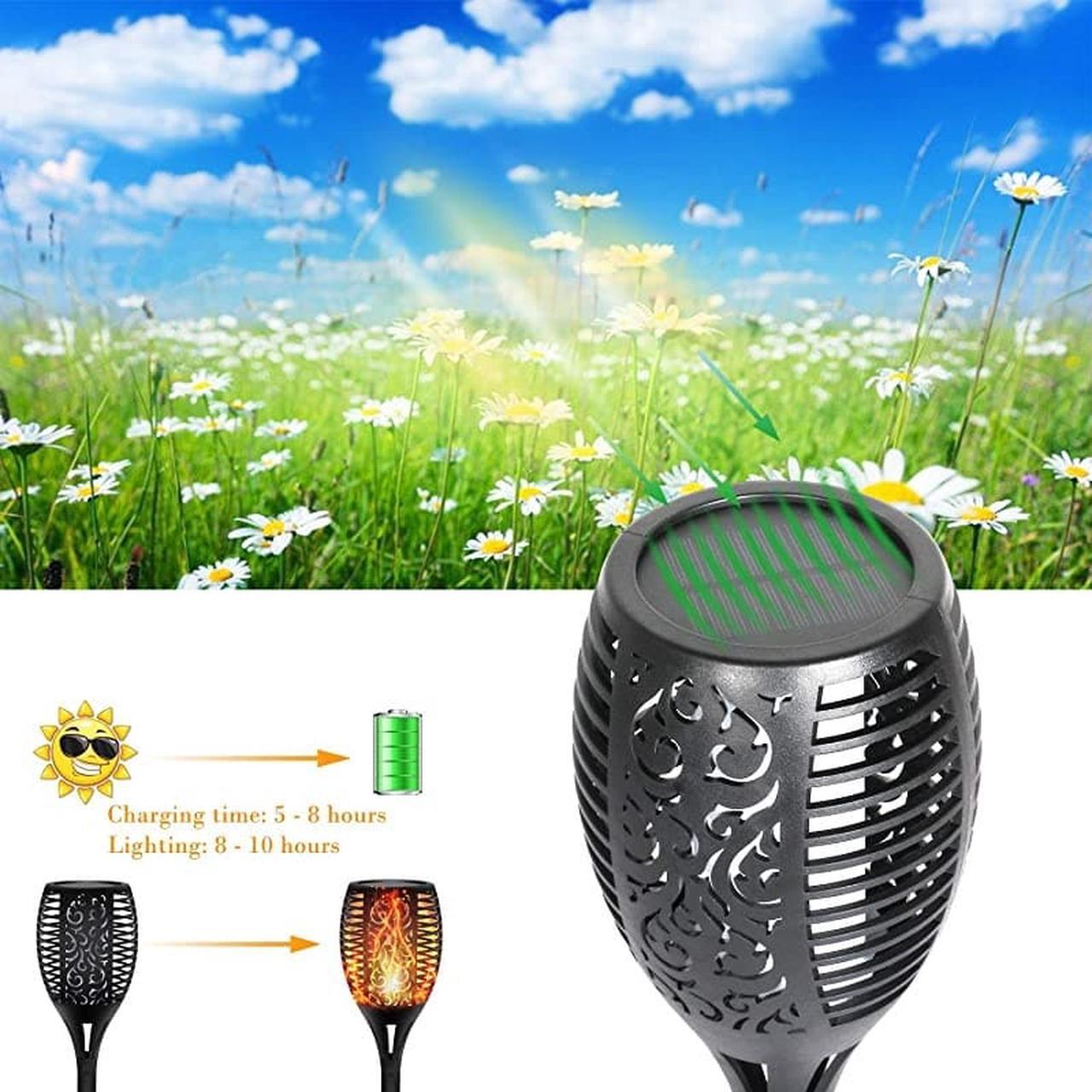 Alt view image 5 of 7 - Solar Flame Flickering Torch Waterproof Dancing Flame Solar Lights Outdoor 96 LEDs Solar Tiki Torches Dusk to Dawn Solar Torch Light 4 Pack
