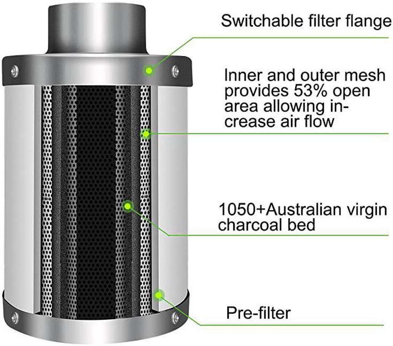 Alt view image 3 of 7 - 4 Inch Air Carbon Filter Indoor Plants Grow Tent Odor Control Scrubber with Australia Activated C for Inline Fan Reversible Flange Prefilter Included Silver