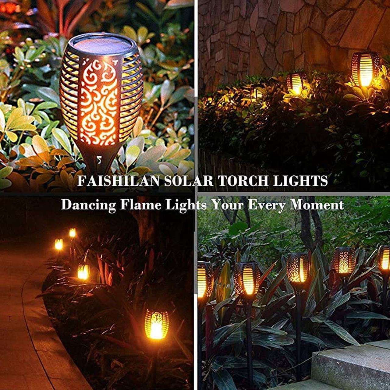 Alt view image 6 of 7 - Solar Flame Flickering Torch Waterproof Dancing Flame Solar Lights Outdoor 96 LEDs Solar Tiki Torches Dusk to Dawn Solar Torch Light 4 Pack