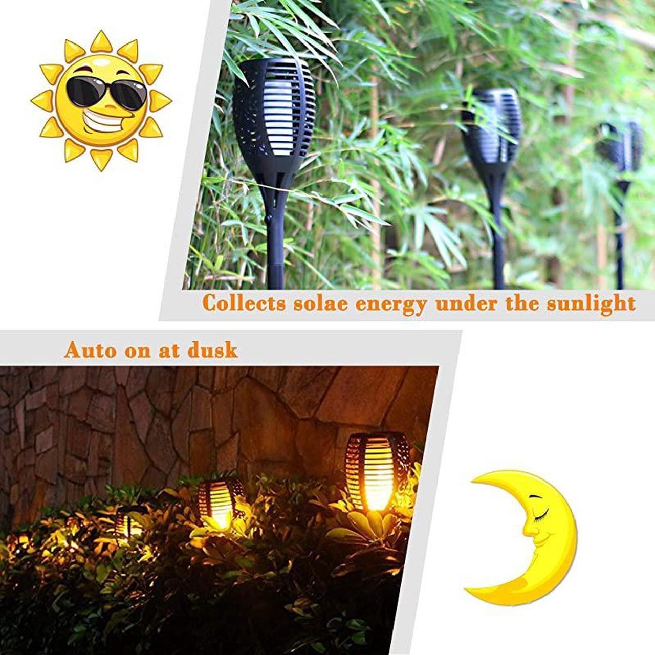 Alt view image 2 of 7 - Solar Flame Flickering Torch Waterproof Dancing Flame Solar Lights Outdoor 96 LEDs Solar Tiki Torches Dusk to Dawn Solar Torch Light 4 Pack