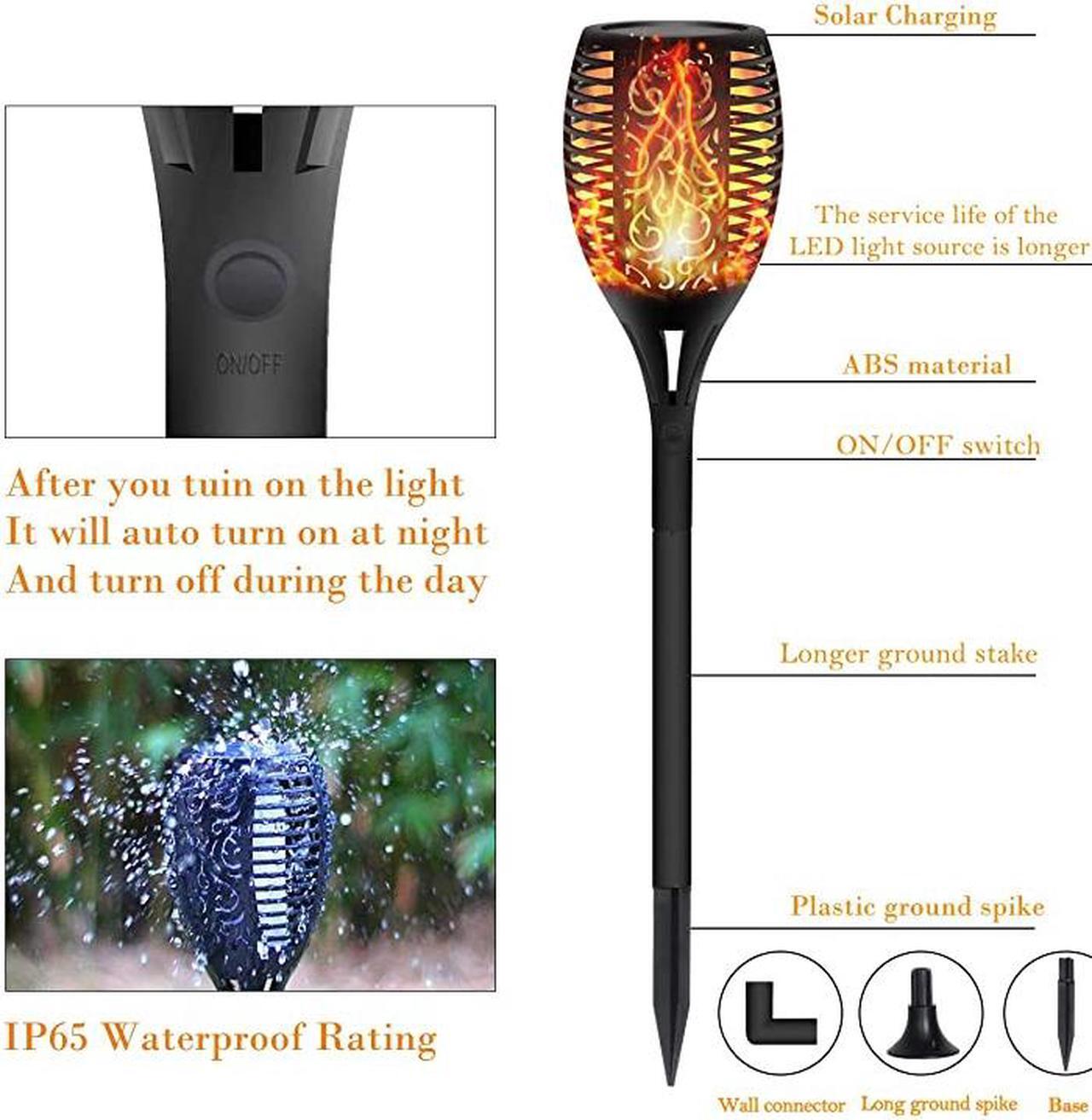 Alt view image 3 of 7 - Solar Flame Flickering Torch Waterproof Dancing Flame Solar Lights Outdoor 96 LEDs Solar Tiki Torches Dusk to Dawn Solar Torch Light 4 Pack