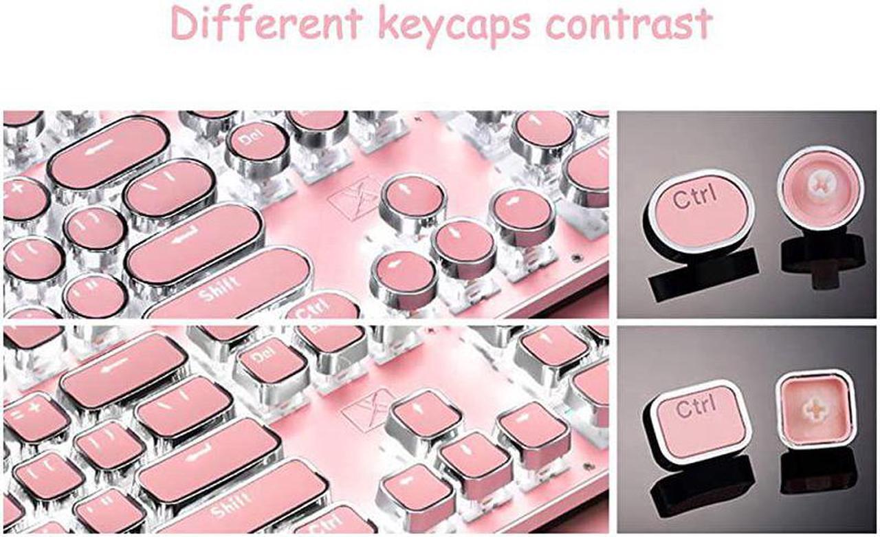 Alt view image 4 of 7 - KeyboardRetro Punk TypewriterStyle Blue Switches White Backlight USB Wired for PC Laptop Desktop Computer for Game and Office Stylish Pink Mechanical Keyboard Round Keycaps