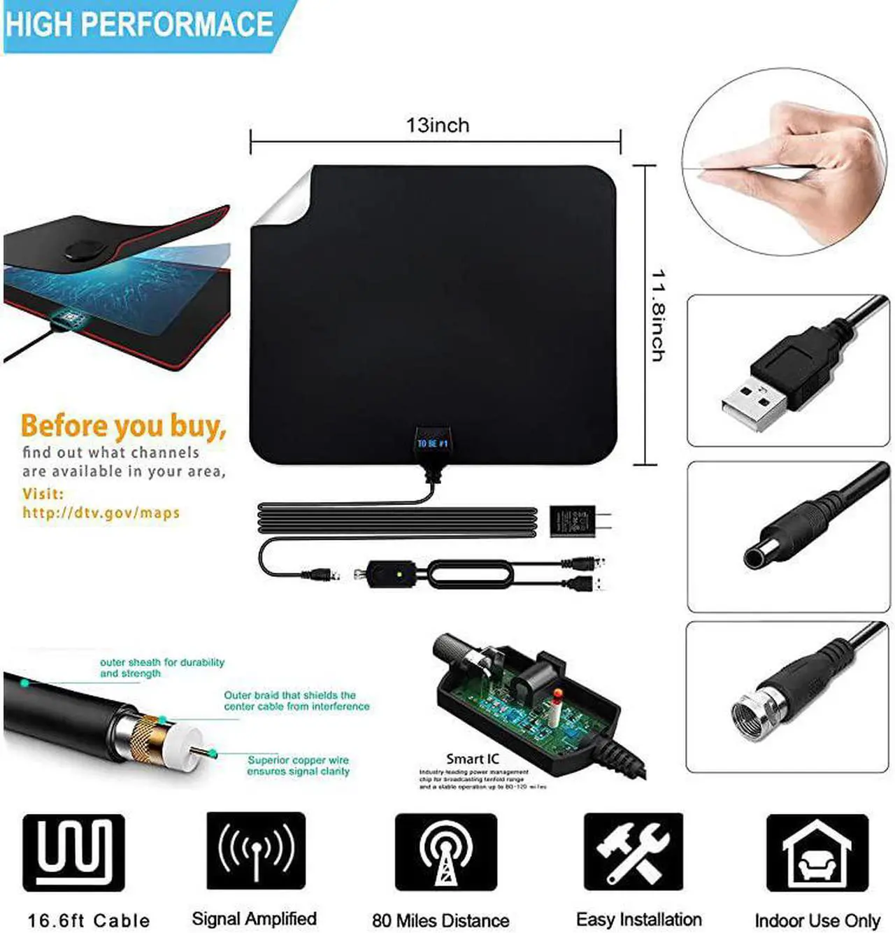 Alt view image 3 of 7 - 2020 Amplified HD Digital TV Antenna Long 200 Miles Range Powerful HDTV Amplifier Signal Booster165ft Coax Cable AC Adapter