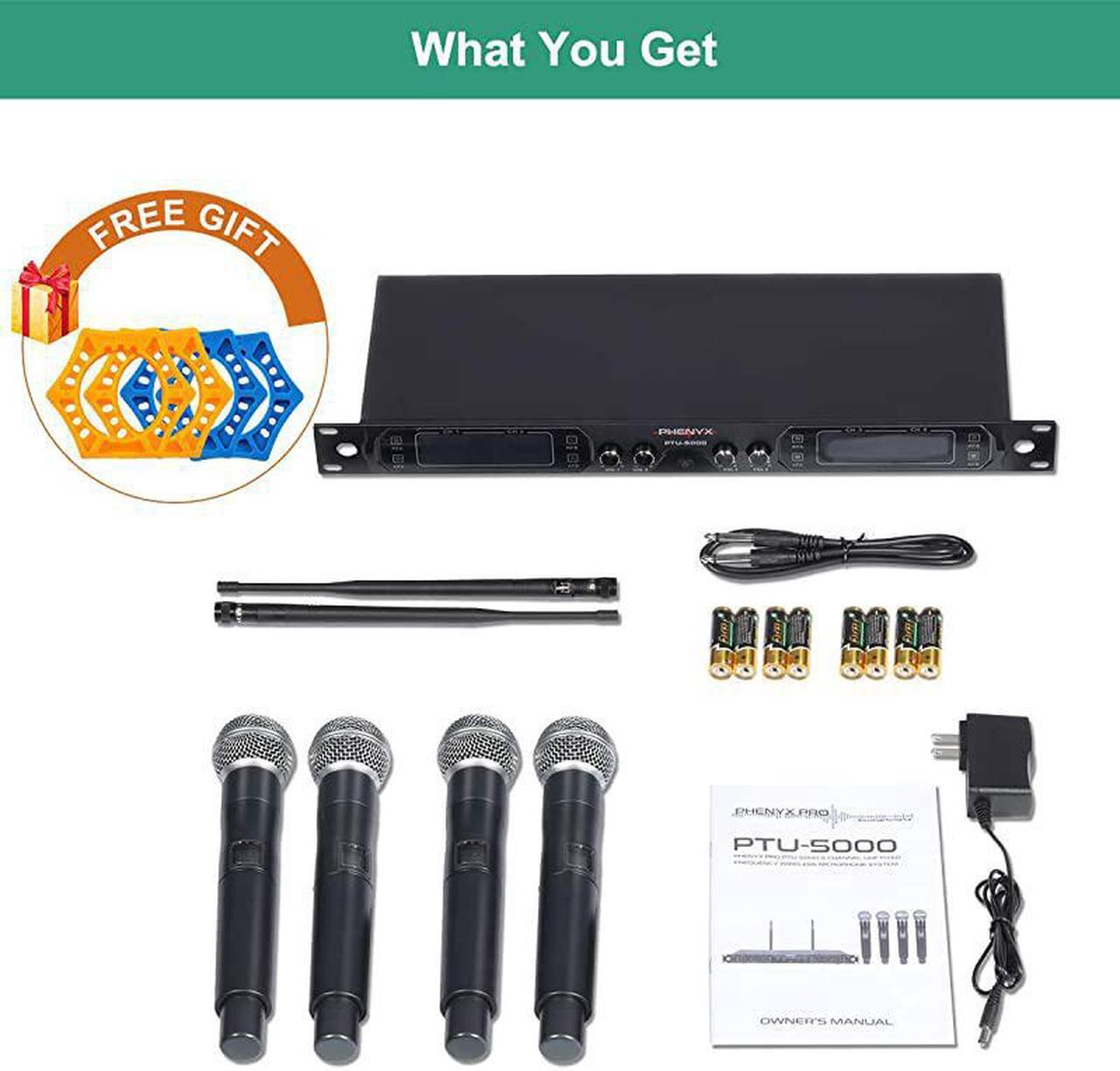 Alt view image 6 of 6 - Wireless Microphone System,  4-Channel UHF Cordless Mic Set With Four Handheld Mics, All Metal Build, Fixed Frequency, Long Range 260ft, Ideal for Church,Karaoke,Weddings, Events (PTU-5000A)