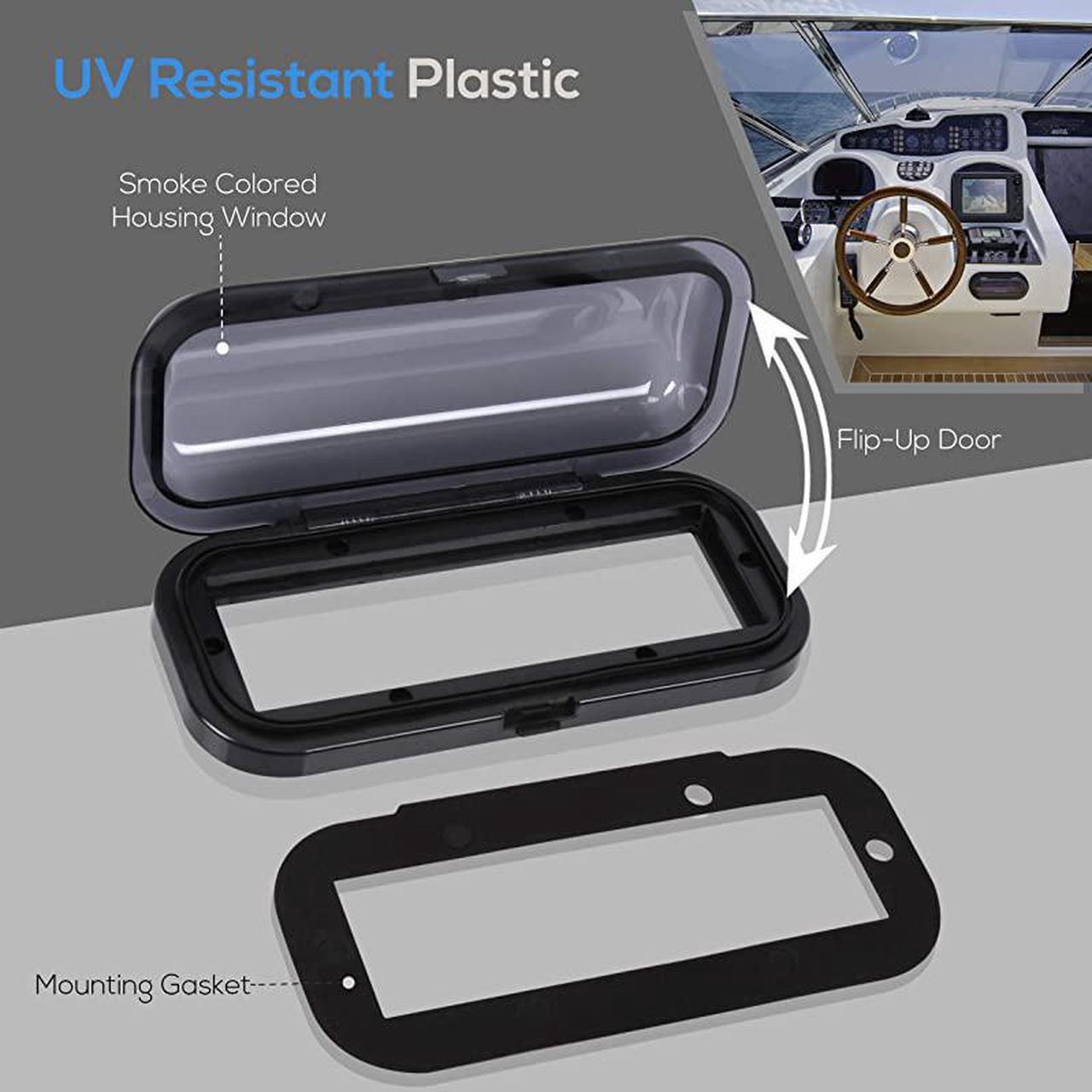 Alt view image 2 of 7 - Water Resistant Marine Stereo Cover Smoke Colored Heavy Duty Boat Radio Protector Shield with Flipup Door Spring Loaded Release Mounting Gasket Included  PLMRCB1