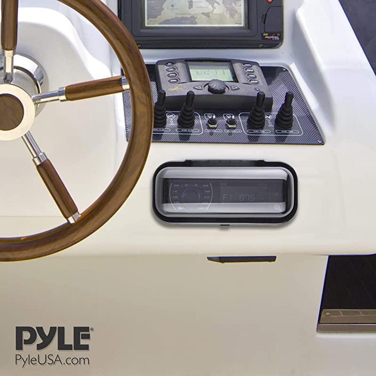 Alt view image 6 of 7 - Water Resistant Marine Stereo Cover Smoke Colored Heavy Duty Boat Radio Protector Shield with Flipup Door Spring Loaded Release Mounting Gasket Included  PLMRCB1
