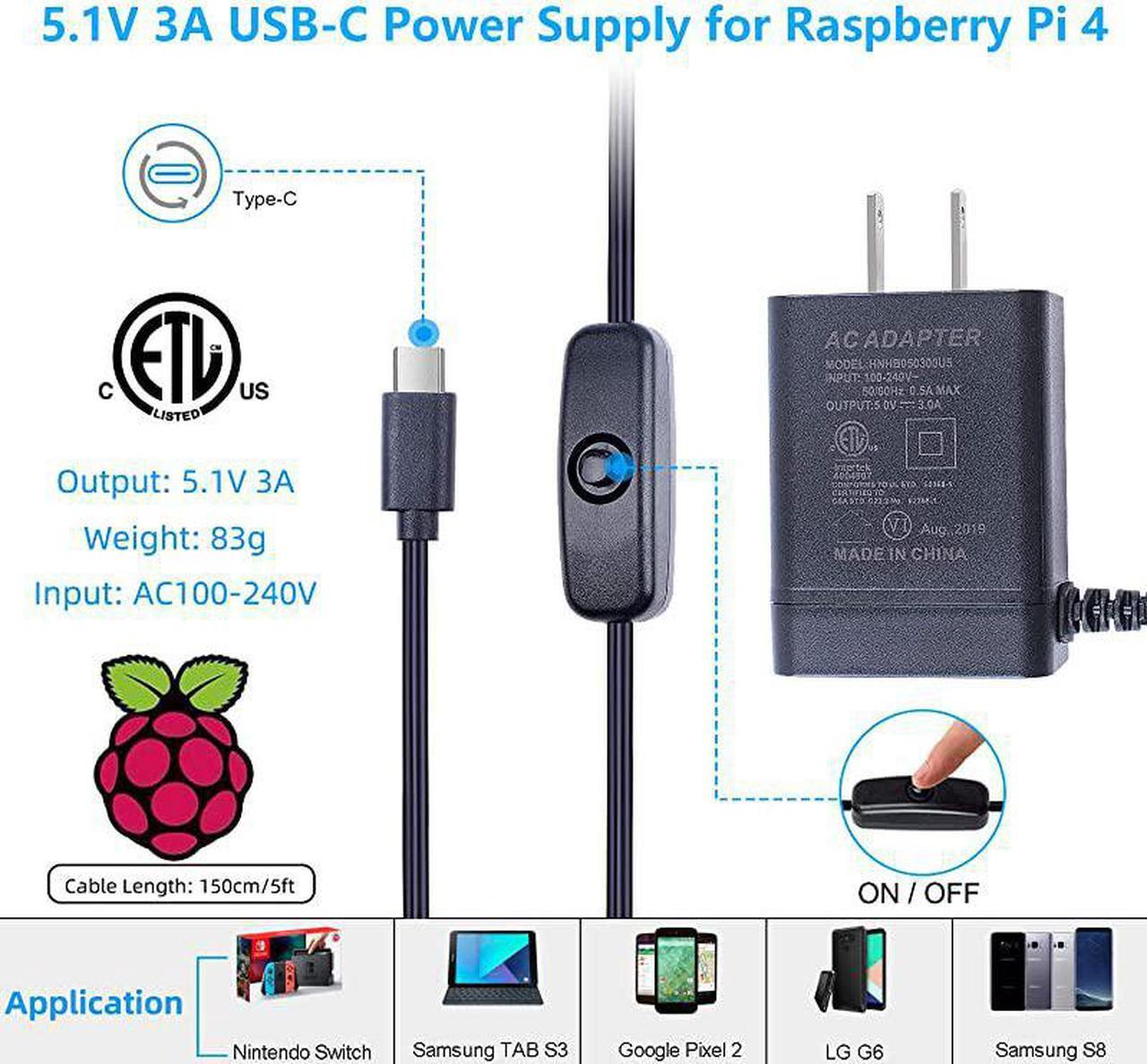 Alt view image 3 of 7 - Compatible with Raspberry Pi 4 Power Supply with ONOff Switch 51V 3A USBC Pi 4 Charger 60 Degree Rotation Adapter for Raspberry Pi 4 Model B 1GB 2GB 4GB Version