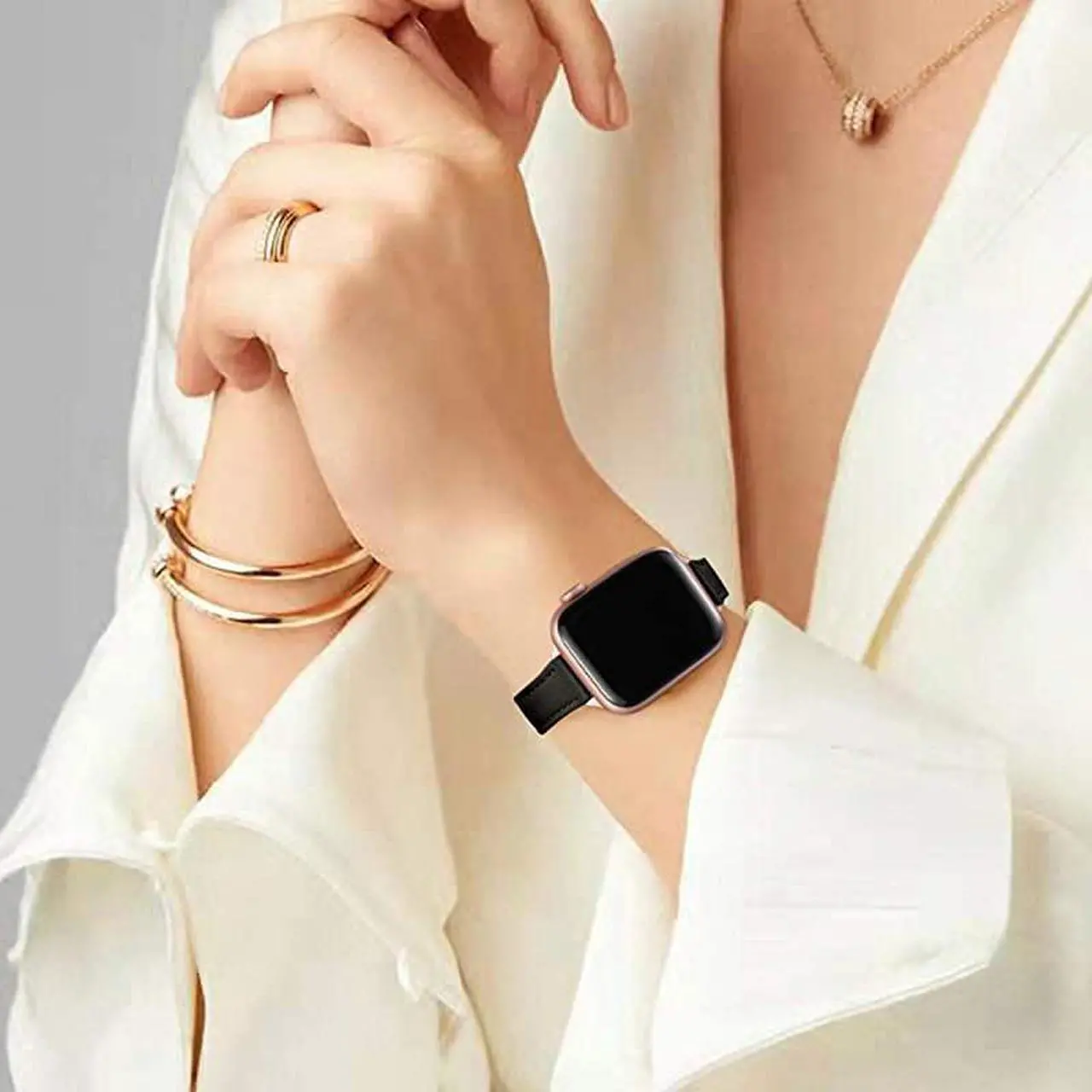 Alt view image 5 of 7 - Slim Leather Bands Compatible with Apple Watch Band 38mm 40mm 42mm 44mm, Top Grain Leather Watch Thin Wristband for iWatch SE Series 6/5/4/3/2/1 (Black with Rose Gold, 38mm/40mm)