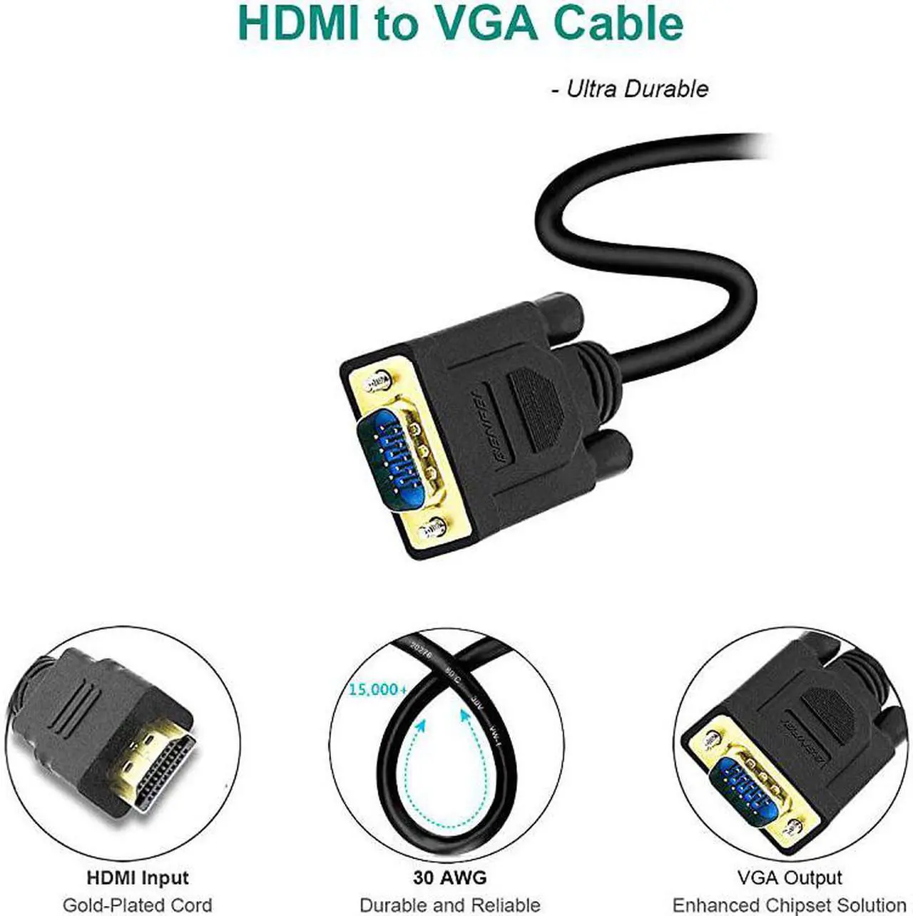 Alt view image 5 of 7 - HDMI to VGA  GoldPlated HDMI to VGA 6 Feet Cable Male to Male Compatible for Computer Desktop Laptop PC Monitor Projector HDTV Raspberry Pi Roku Xbox and More