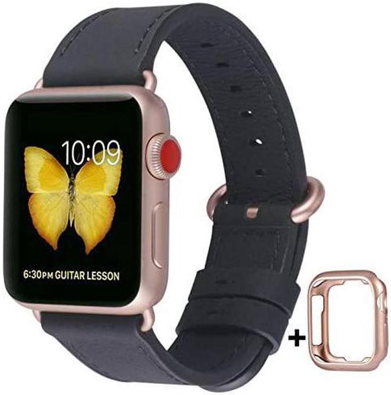 Main image of Leather Band Compatible with Apple Watch 38mm 40mm 42mm 44mm Women Men Strap for iWatch SE Series 6 5 4 3 2 1(Black+Match SE/6/5/4/3 Rose Gold, 38mm/40mm S/M)