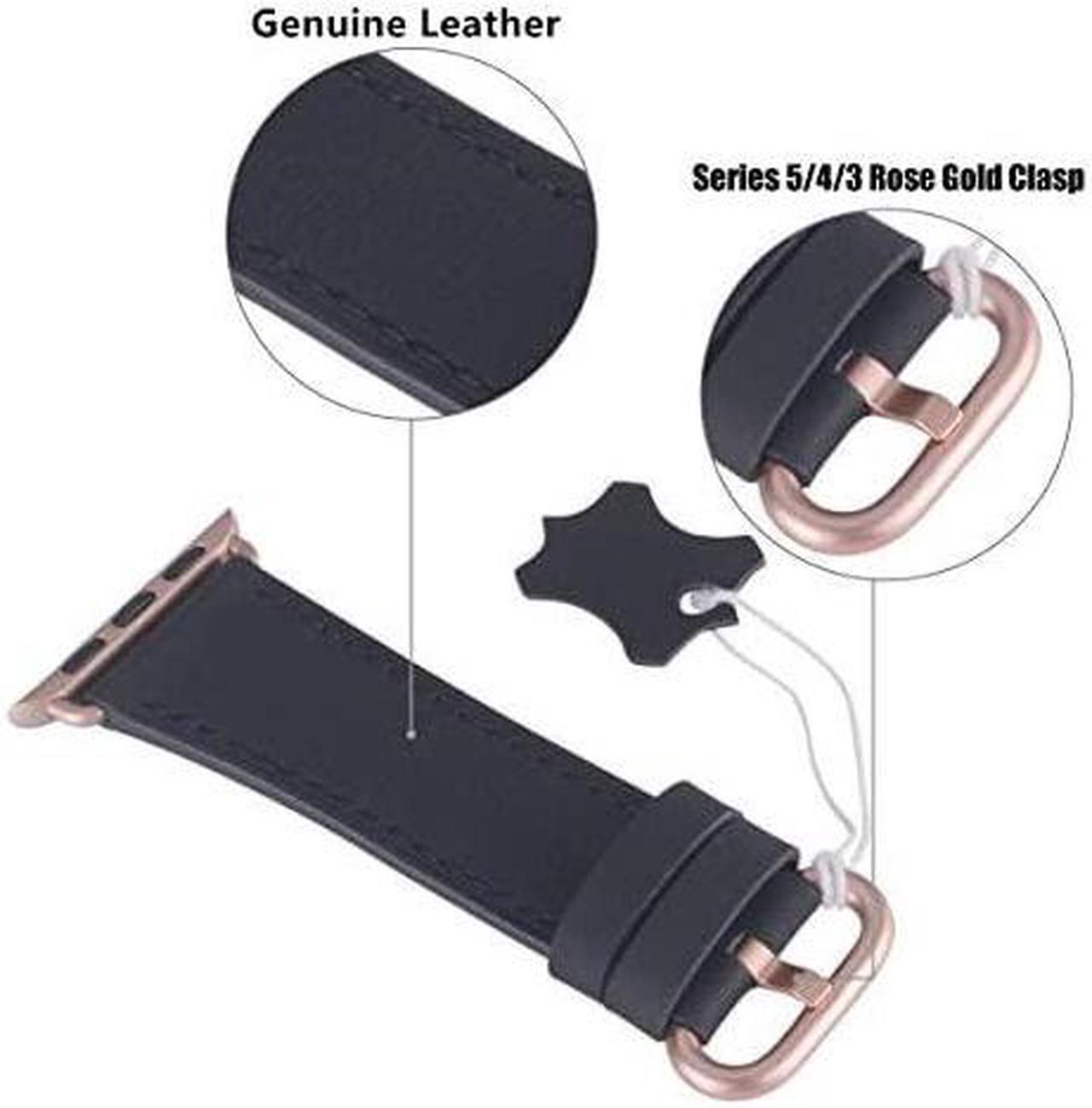 Alt view image 5 of 6 - Leather Band Compatible with Apple Watch 38mm 40mm 42mm 44mm Women Men Strap for iWatch SE Series 6 5 4 3 2 1(Black+Match SE/6/5/4/3 Rose Gold, 38mm/40mm S/M)