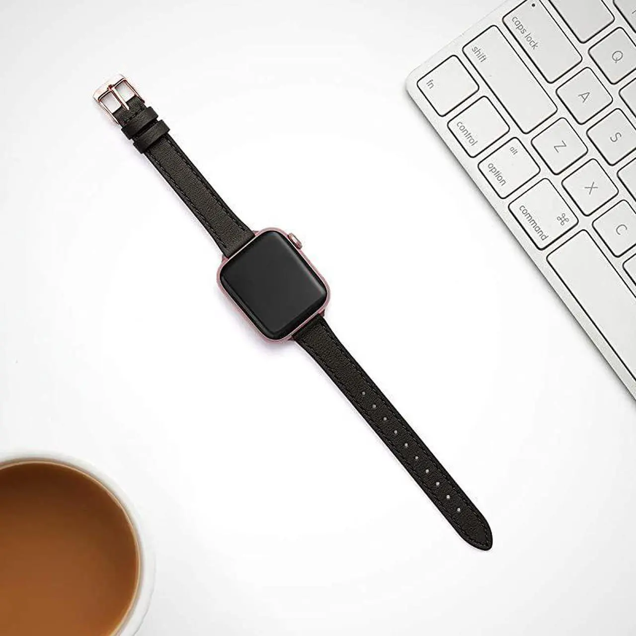 Alt view image 4 of 7 - Slim Leather Bands Compatible with Apple Watch Band 38mm 40mm 42mm 44mm, Top Grain Leather Watch Thin Wristband for iWatch SE Series 6/5/4/3/2/1 (Black with Rose Gold, 38mm/40mm)