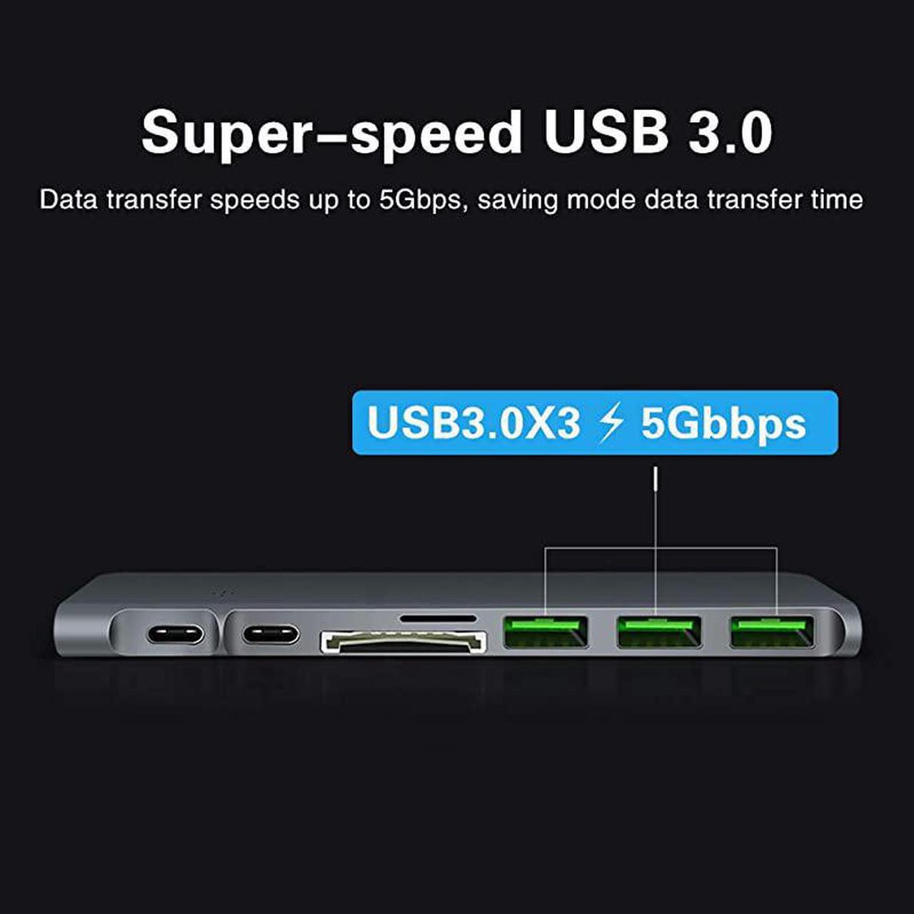 Alt view image 7 of 7 - C Hub 8 in 1 Aluminum Type C Adapter MultiPort Thunderbolt 3 Dongle with 30 Ports 4K C to HDMI SDTF Card Reader 100W PD Fast Charger for MacBook Pro 1315Inch 2018 Space Gray
