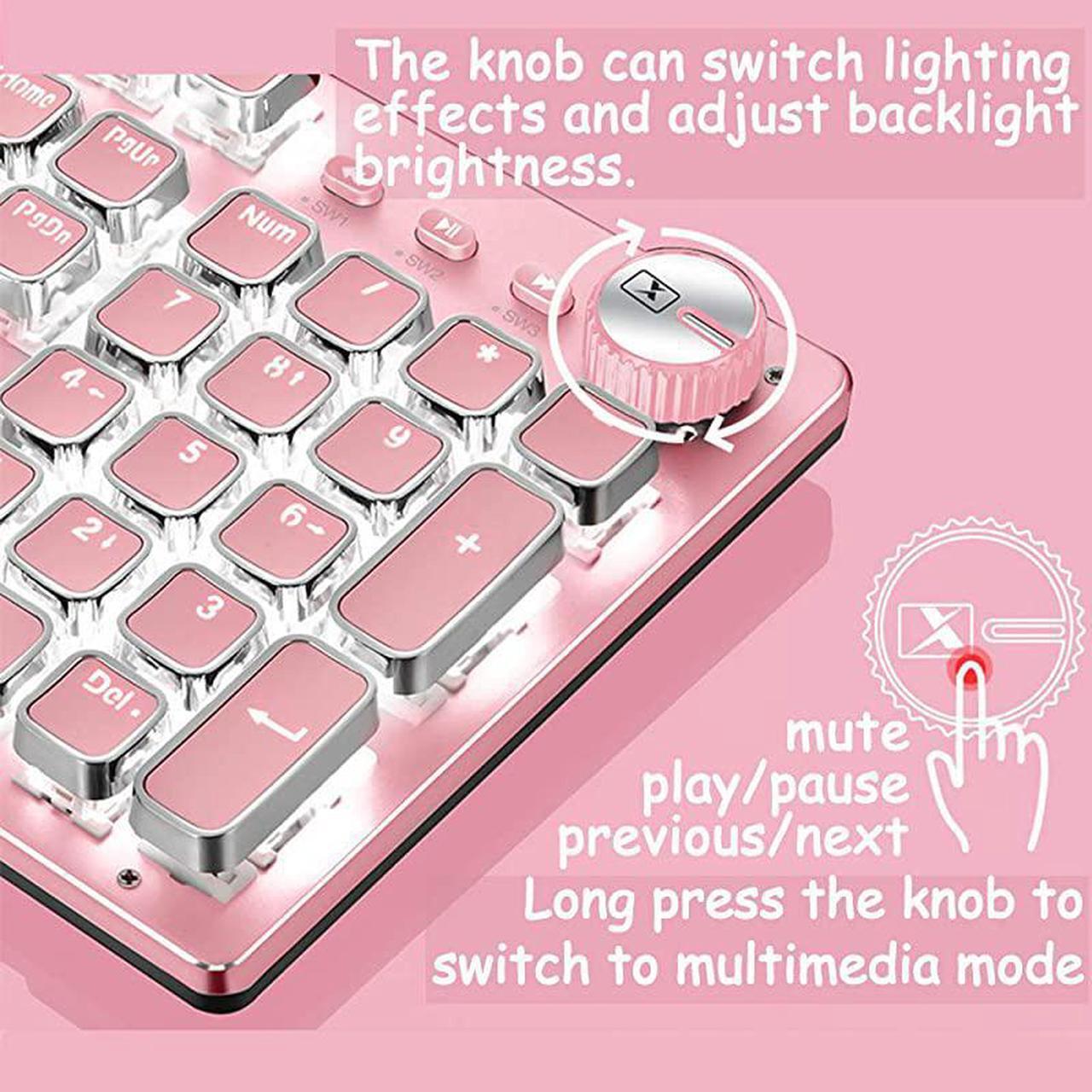 Alt view image 2 of 7 - KeyboardRetro Punk TypewriterStyle Blue Switches White Backlight USB Wired for PC Laptop Desktop Computer for Game and Office Stylish Pink Mechanical Keyboard Round Keycaps