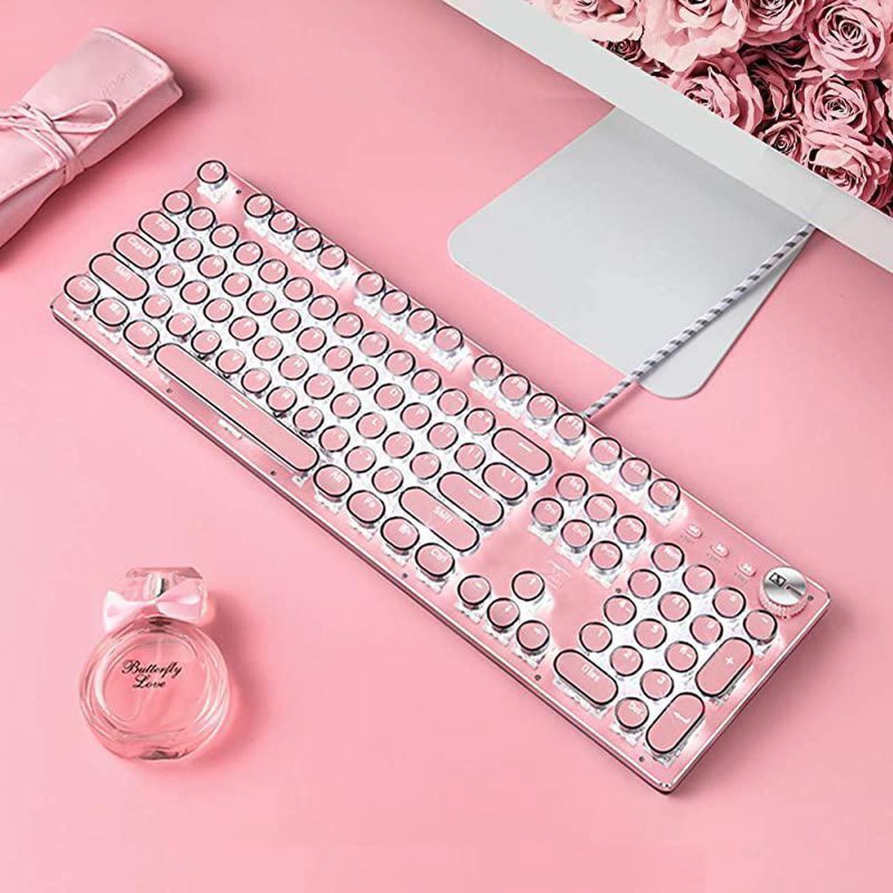 Alt view image 6 of 7 - KeyboardRetro Punk TypewriterStyle Blue Switches White Backlight USB Wired for PC Laptop Desktop Computer for Game and Office Stylish Pink Mechanical Keyboard Round Keycaps