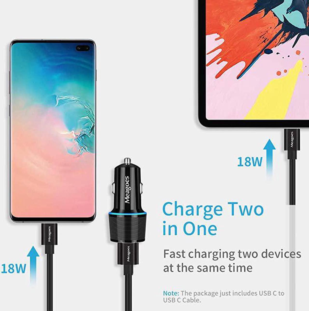Alt view image 3 of 7 - USB C Car Charger 36W 2Port Fast Charging Adapter with PDQC30 Compatible for Samsung Galaxy S20 PlusUltraS20S10S9Note 2010 iPad Pro Google Pixel iPhone 11ProMax 3ft Type C Cord