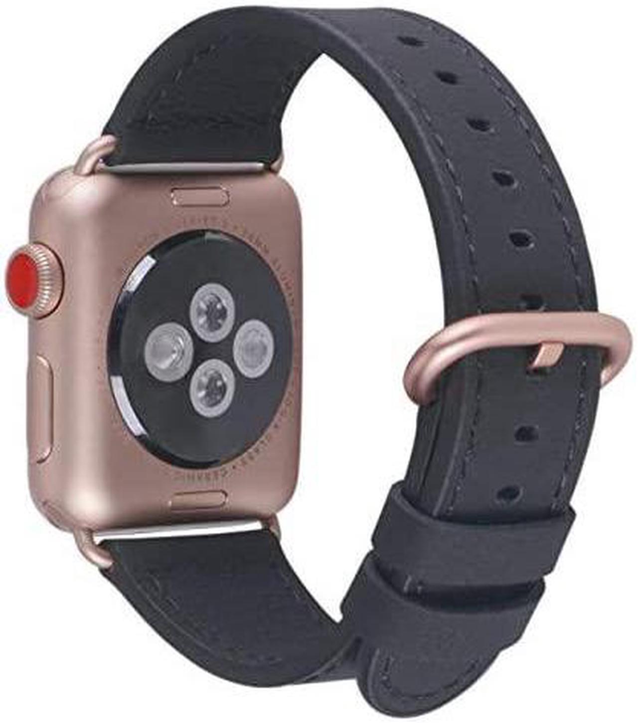 Alt view image 2 of 6 - Leather Band Compatible with Apple Watch 38mm 40mm 42mm 44mm Women Men Strap for iWatch SE Series 6 5 4 3 2 1(Black+Match SE/6/5/4/3 Rose Gold, 38mm/40mm S/M)