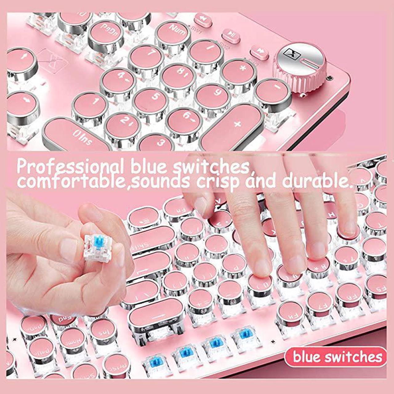 Alt view image 3 of 7 - KeyboardRetro Punk TypewriterStyle Blue Switches White Backlight USB Wired for PC Laptop Desktop Computer for Game and Office Stylish Pink Mechanical Keyboard Round Keycaps