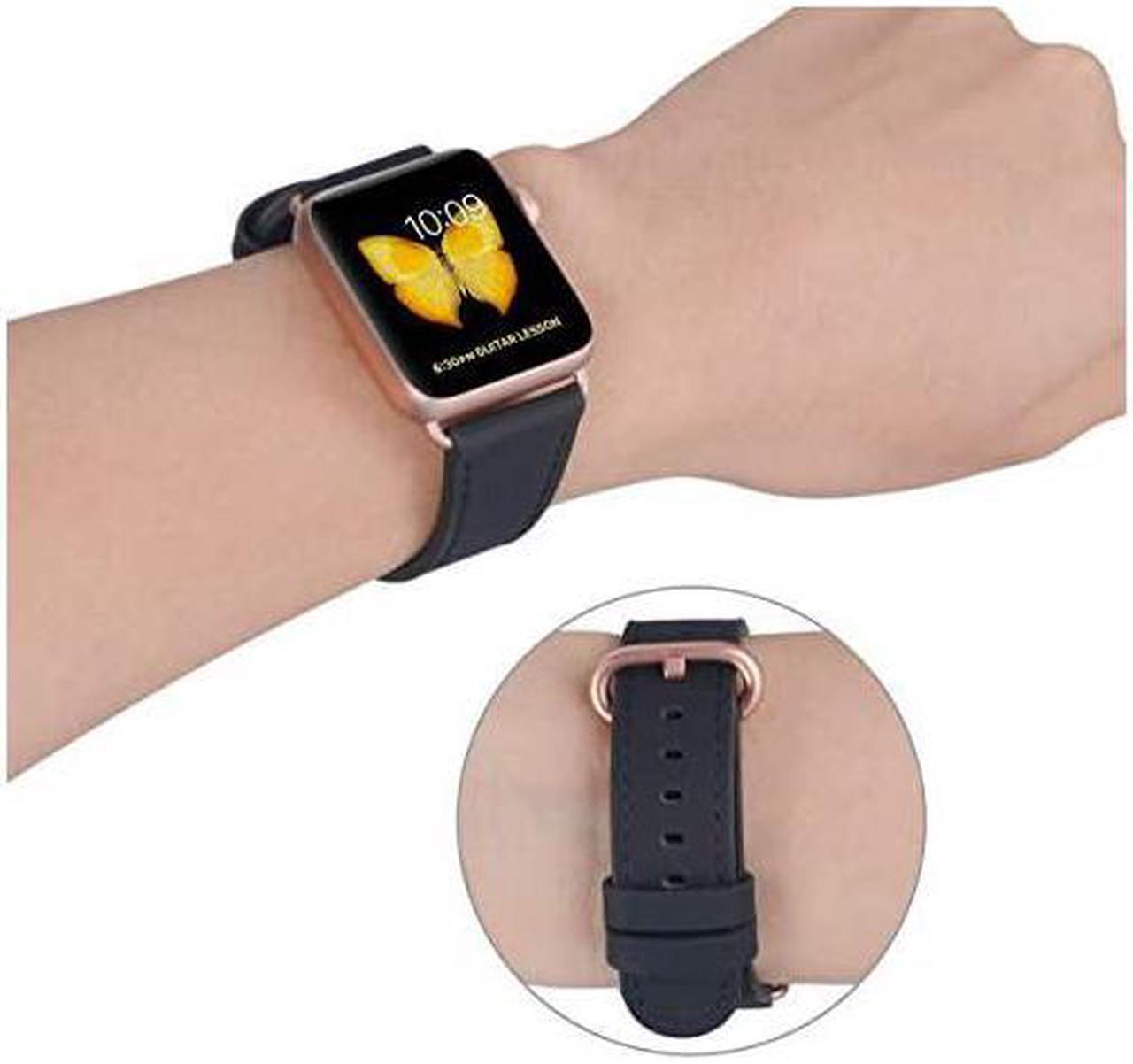 Alt view image 6 of 6 - Leather Band Compatible with Apple Watch 38mm 40mm 42mm 44mm Women Men Strap for iWatch SE Series 6 5 4 3 2 1(Black+Match SE/6/5/4/3 Rose Gold, 38mm/40mm S/M)