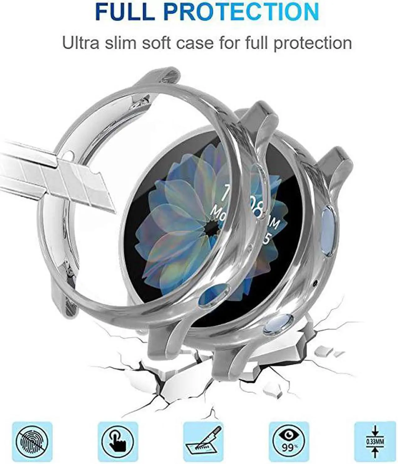 Alt view image 2 of 7 - 2 Pack  Compatible with Samsung Galaxy Watch Active 2 Screen Protector Case 44mm 40mm Soft TPU Bumper Full Around Cover for Samsung Galaxy Watch Active2 44 40 Silver 40mm
