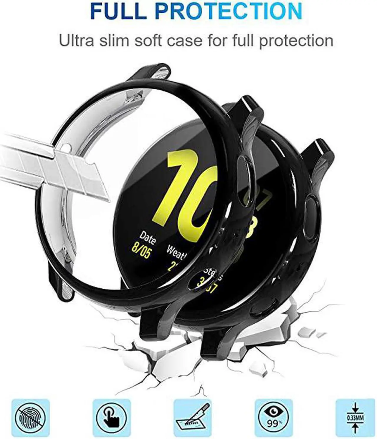 Alt view image 2 of 7 - 2 Pack  Compatible with Samsung Galaxy Watch Active 2 Screen Protector Case 44mm 40mm Soft TPU Bumper Full Around Cover for Samsung Galaxy Watch Active2 44 40 Black 40mm