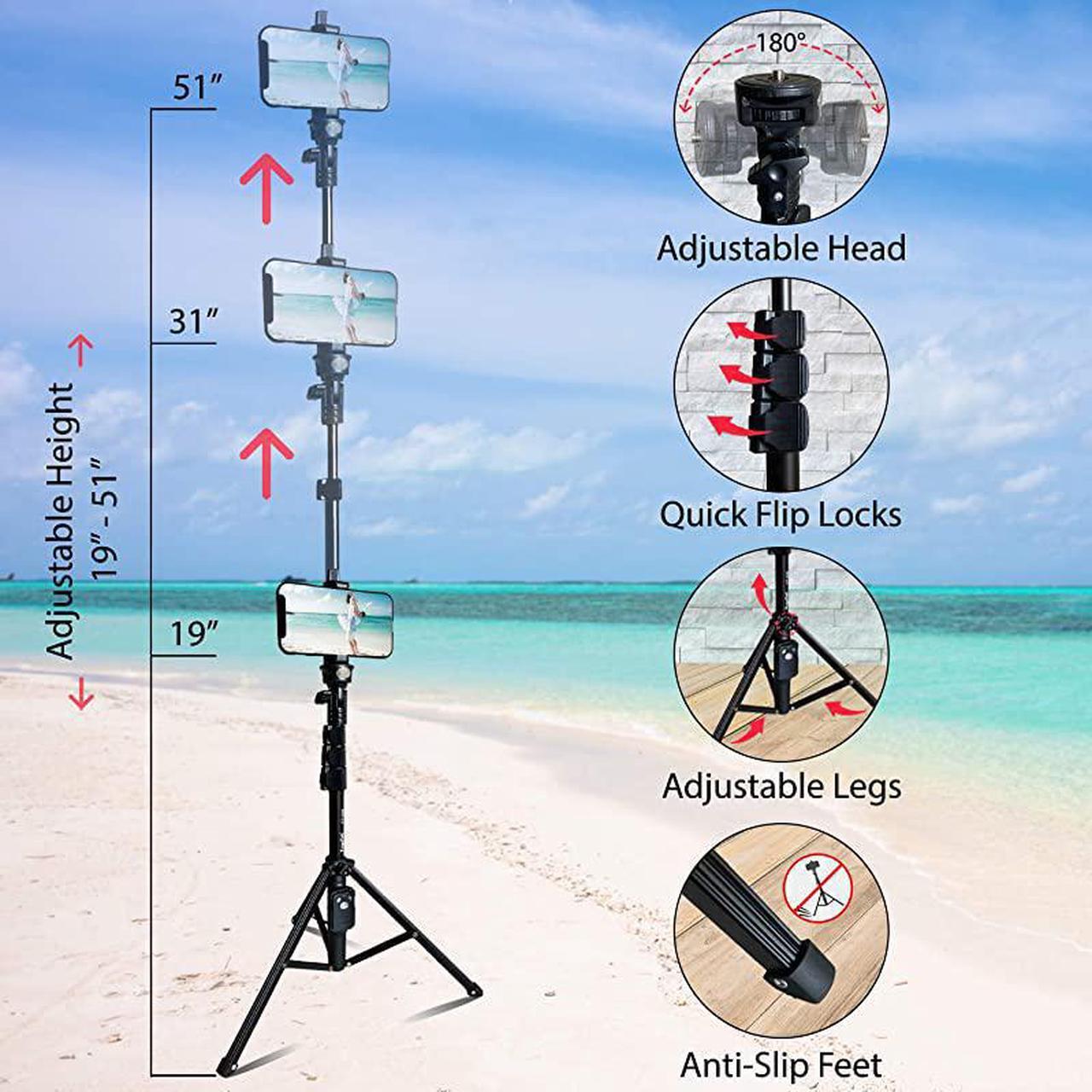 Alt view image 3 of 5 - 51" Professional Selfie Stick & Tripod, Phone Holder, Extendable, Bluetooth Remote, Portable All in One, Heavy Duty Aluminum, Compatible with iPhone & Android Devices, Non Skid Feet, Black