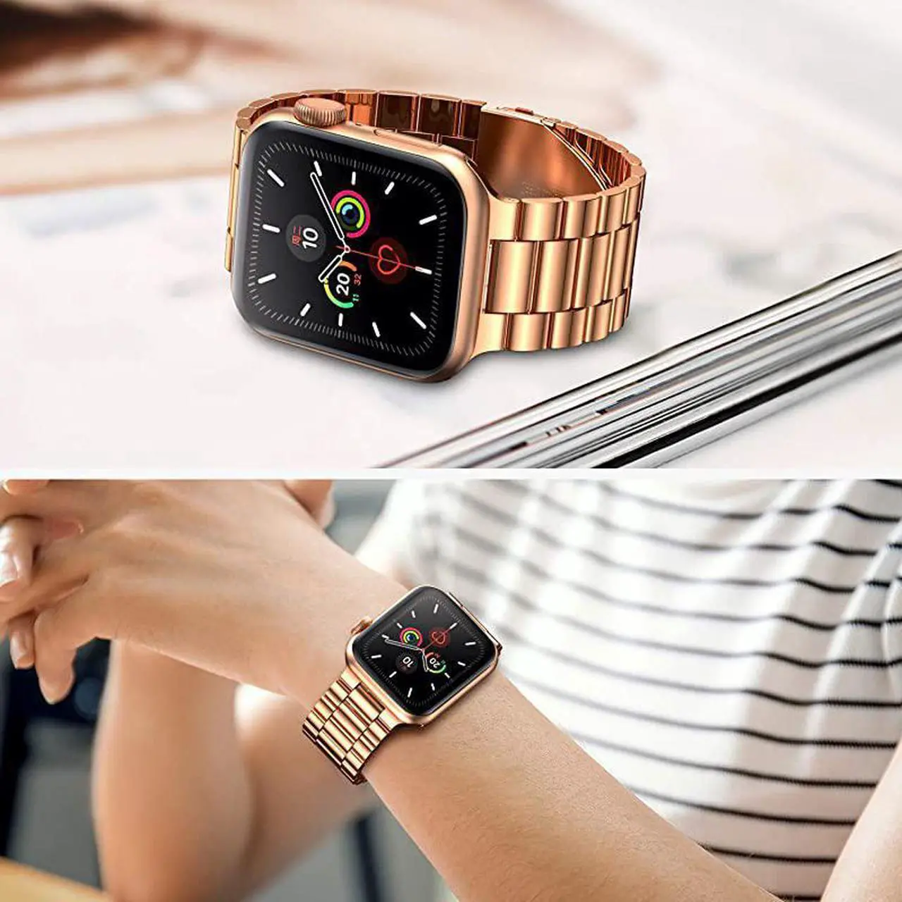 Alt view image 6 of 7 - Stainless Steel Metal Band for Apple Watch 38404244mm Strap Replacement Link Bracelet Band Compatible with Apple Watch Series 6 Apple Watch Series 5 Apple Watch Series 1234Rose Gold4244mm
