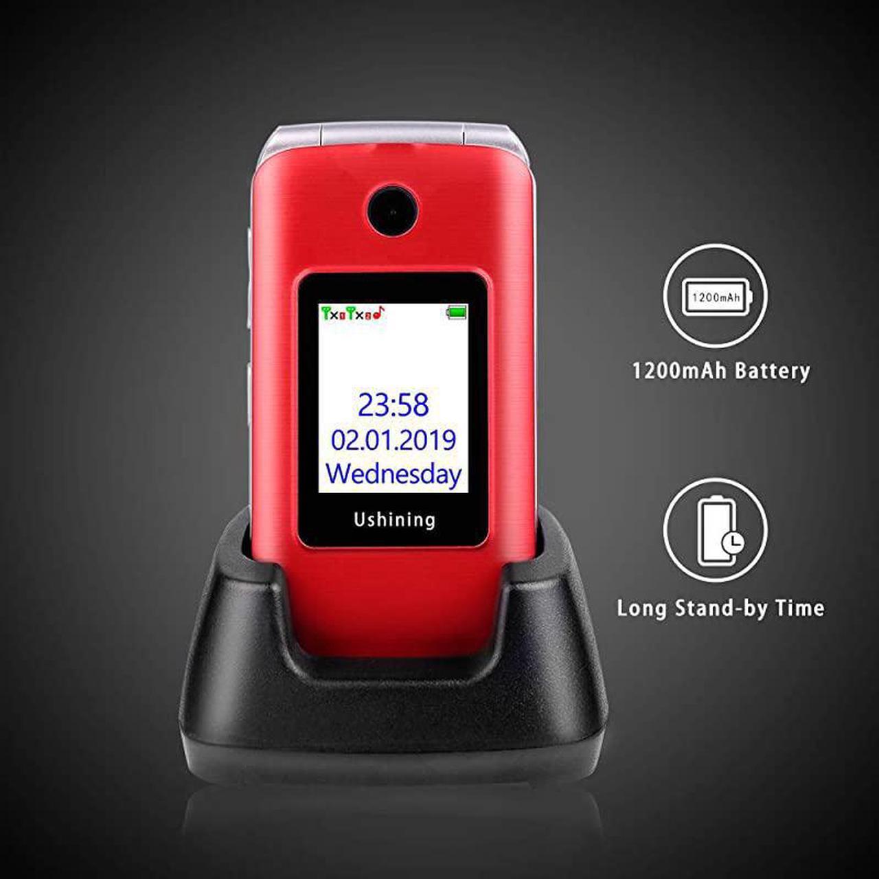 Alt view image 2 of 7 - 3G Unlocked Senior Flip Phone Dual SIM Card FM Radio GSM Unlocked Flip Phone 28quot LCD and Large Keypad with Charging Cradle Red