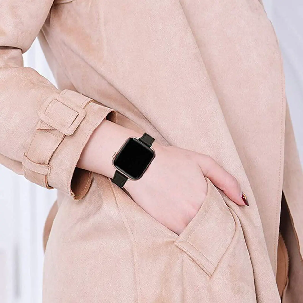 Alt view image 6 of 7 - Slim Leather Bands Compatible with Apple Watch Band 38mm 40mm 42mm 44mm, Top Grain Leather Watch Thin Wristband for iWatch SE Series 6/5/4/3/2/1 (Black with Rose Gold, 38mm/40mm)