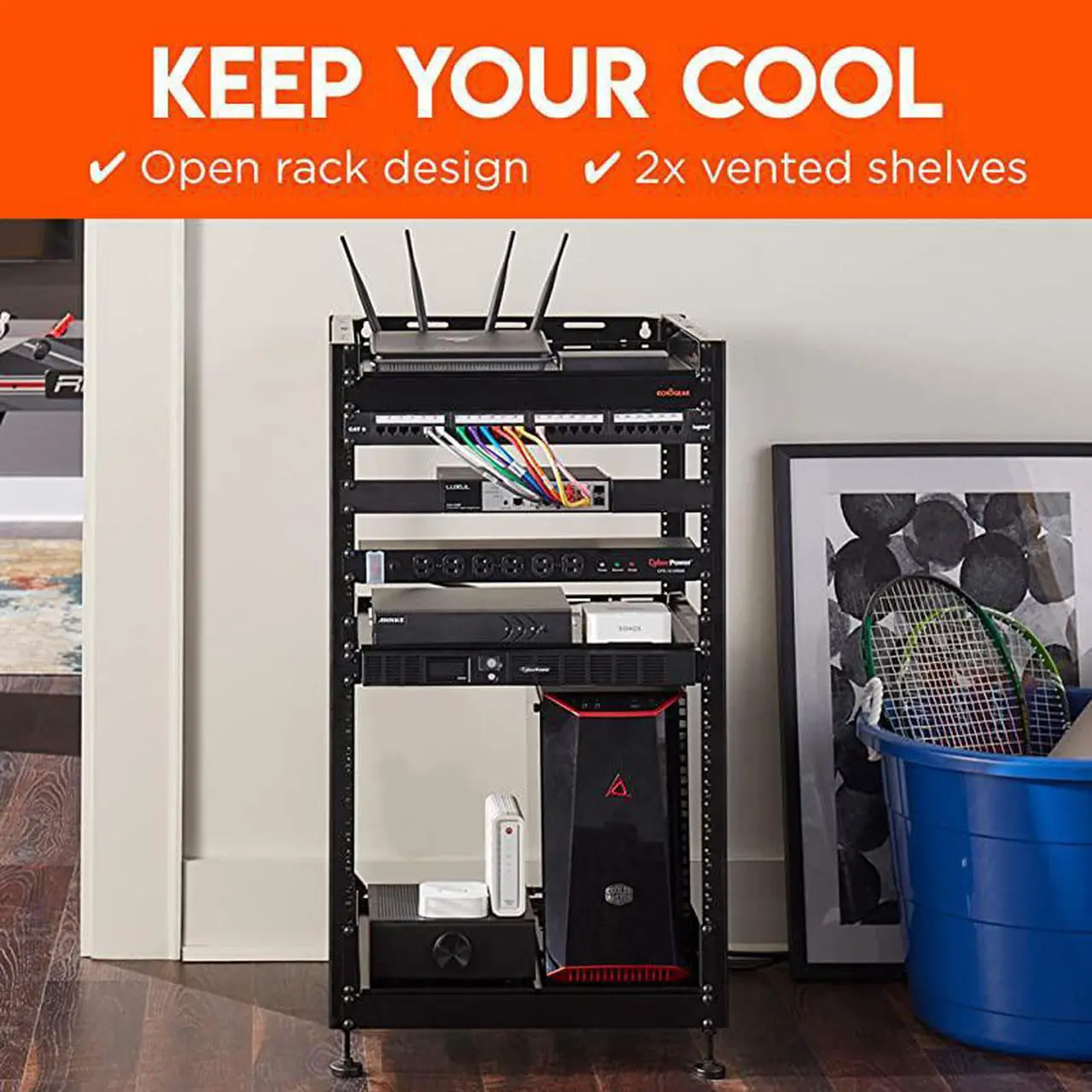 Alt view image 2 of 7 - 20U Open Frame Server Rack - Heavy Duty 4 Post Design Holds All Your Network & AV Gear - Includes 2 Vented Shelves & is Wall Mountable