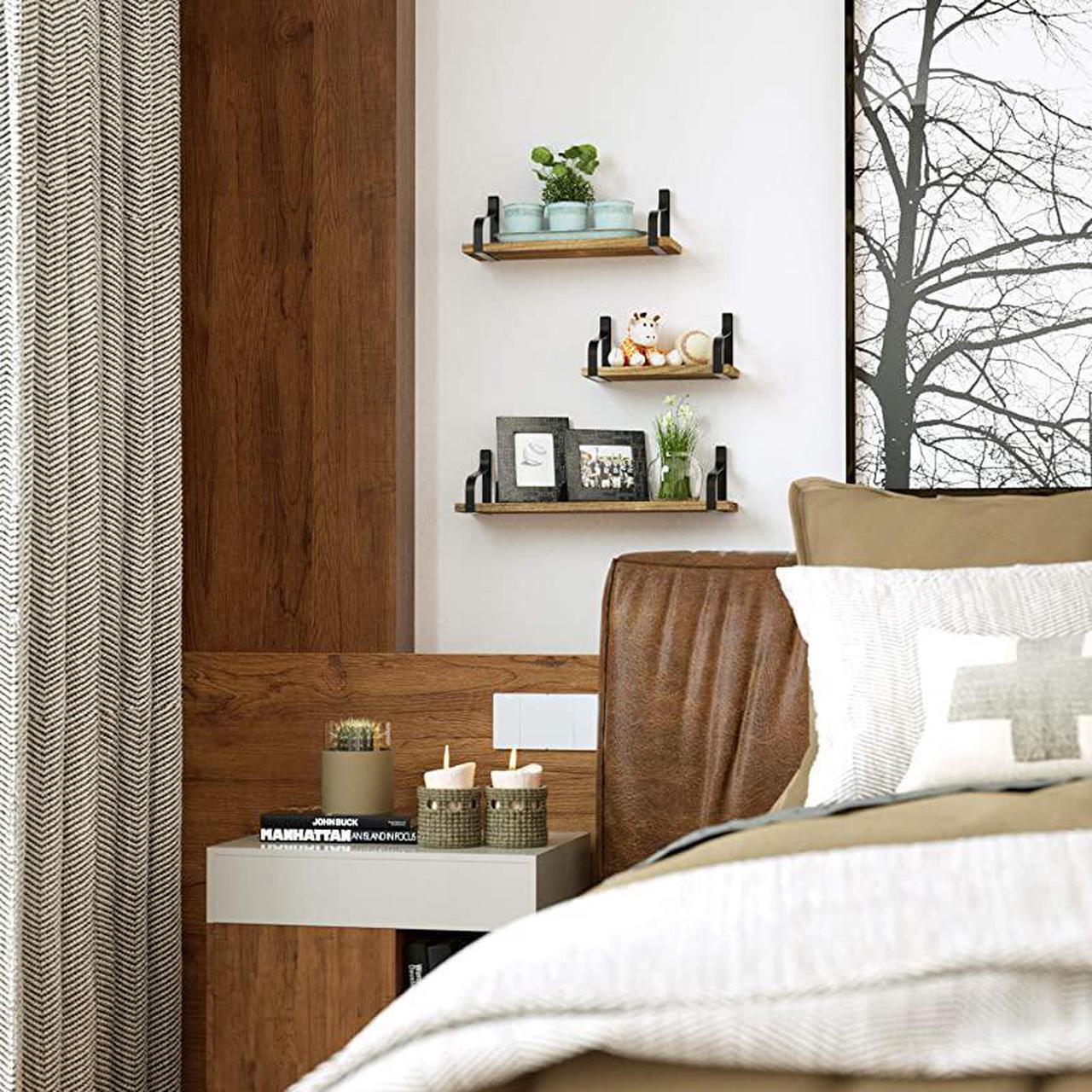 Alt view image 2 of 6 - Floating Shelves Wall Mounted Set of 3 Rustic Wood Wall Storage Shelves for Bedroom Living Room Bathroom Kitchen Office and More Carbonized Black