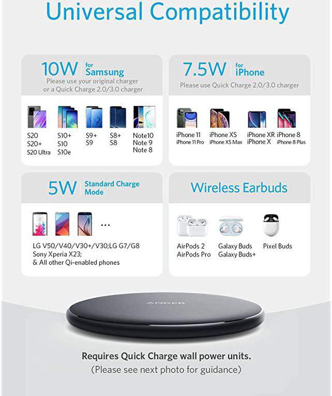 Alt view image 3 of 7 - Wireless Charger PowerWave Pad QiCertified 10W Max for iPhone SE 2020 11 11 Pro 11 Pro Max AirPods Galaxy S20 S10 Note 10 9 No AC Adapter Not Compatible with MagSafe Magnetic Charging