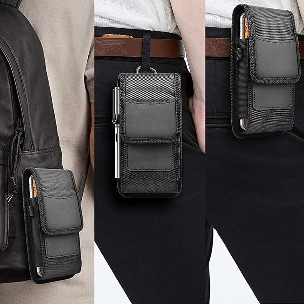 Alt view image 7 of 7 - Phone Holster for Samsung Galaxy S20 Ultra S20 Plus S10+ S9 S8 S7 J7 J3 A01 A11 A21 A51 A71 A10e A20 A30 A50 K51 Stylo 6 Nylon Cell Phone Belt Clip Holster Carrying Pouch w Card HolderBlack